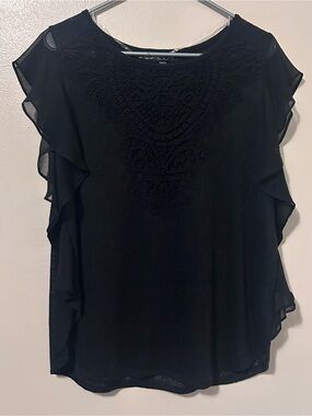 August Silk Black Ruffled Crochet Yoke Women's Blouse